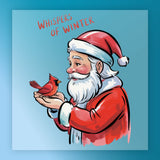 The InkMerge Whispers of Winter Santa & Cardinal Design - Heat Press Ready features Santa smiling while holding a red cardinal, with "Whispers of Winter" above on light blue—ideal for festive heat press or DTF transfer projects.