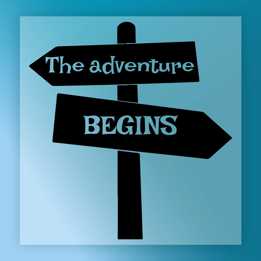 InkMerge’s The Adventure Begins Signpost - Heat Press Ready features a black signpost with two arrows on a blue background, ideal for custom apparel using DTF transfer or heat press techniques.