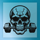 A stylized illustration of a skull with a barbell on its teeth, set against a blue background.