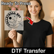 A woman is holding up a transparent sign with a volleyball logo on it, and there is text indicating that the sign is ready to be printed.