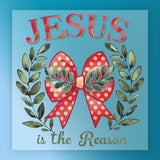 The Jesus Is The Reason Watercolor Design by InkMerge features a red polka-dot bow with greenery on a blue background, framed by leafy branches, with “JESUS” above and “is the Reason” below—ideal for DTF transfers.