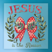 The Jesus Is The Reason Watercolor Design by InkMerge features a red polka-dot bow with greenery on a blue background, framed by leafy branches, with “JESUS” above and “is the Reason” below—ideal for DTF transfers.