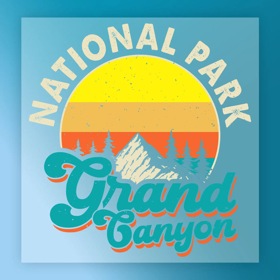 The Grand Canyon Retro Sunset Design by InkMerge features a vintage yellow-orange sun, pine trees, and mountains with "National Park Grand Canyon" text—ideal for DTF (Direct-to-Film) transfer projects.