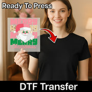 A smiling woman in a black shirt holds the InkMerge Merry Christmas Santa with Leopard Print DTF transfer, featuring a festive Santa face and leopard print. “Ready To Press” is above and “DTF Transfer” below, with an arrow pointing to the design.