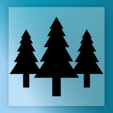 three black silhouettes of trees against a blue background.
