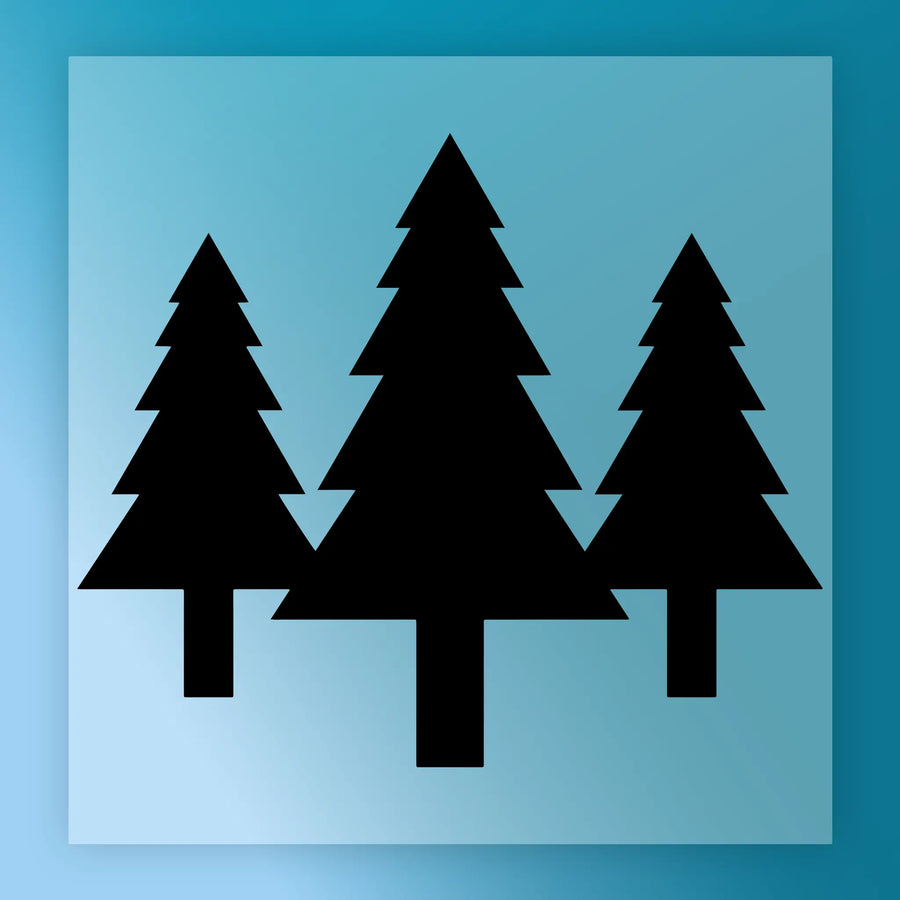 three black silhouettes of trees against a blue background.