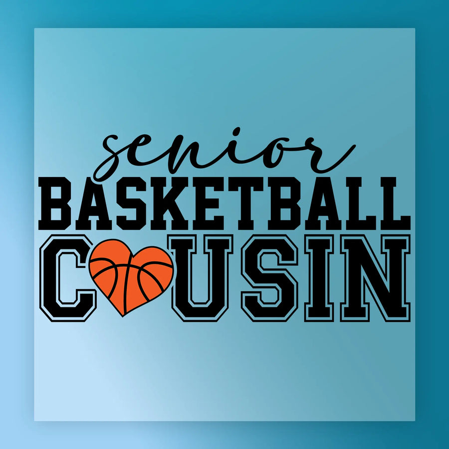 a basketball with a heart symbol, accompanied by the text "senior basketball Cousin" in a stylized font.