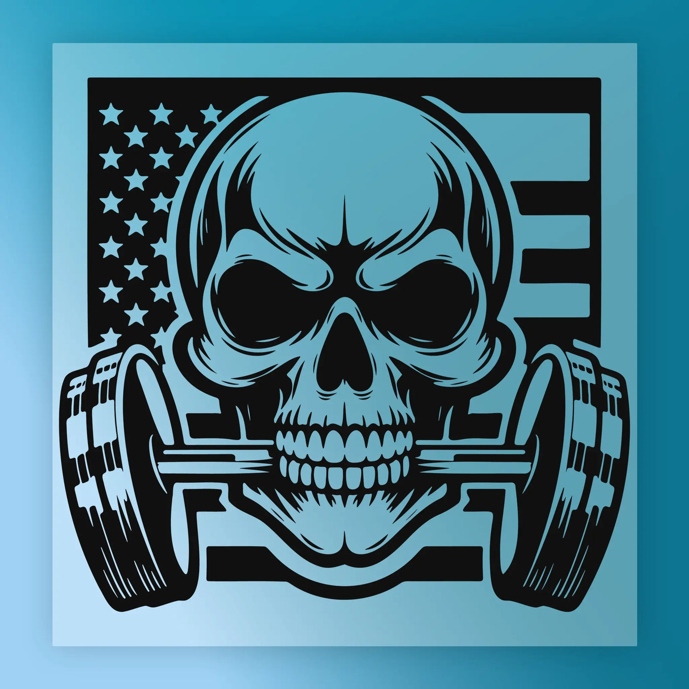 A stylized skull with a barbell on its forehead, set against an American flag background.