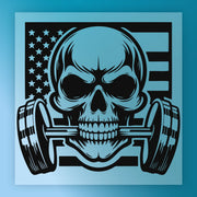 A stylized skull with a barbell on its forehead, set against an American flag background.
