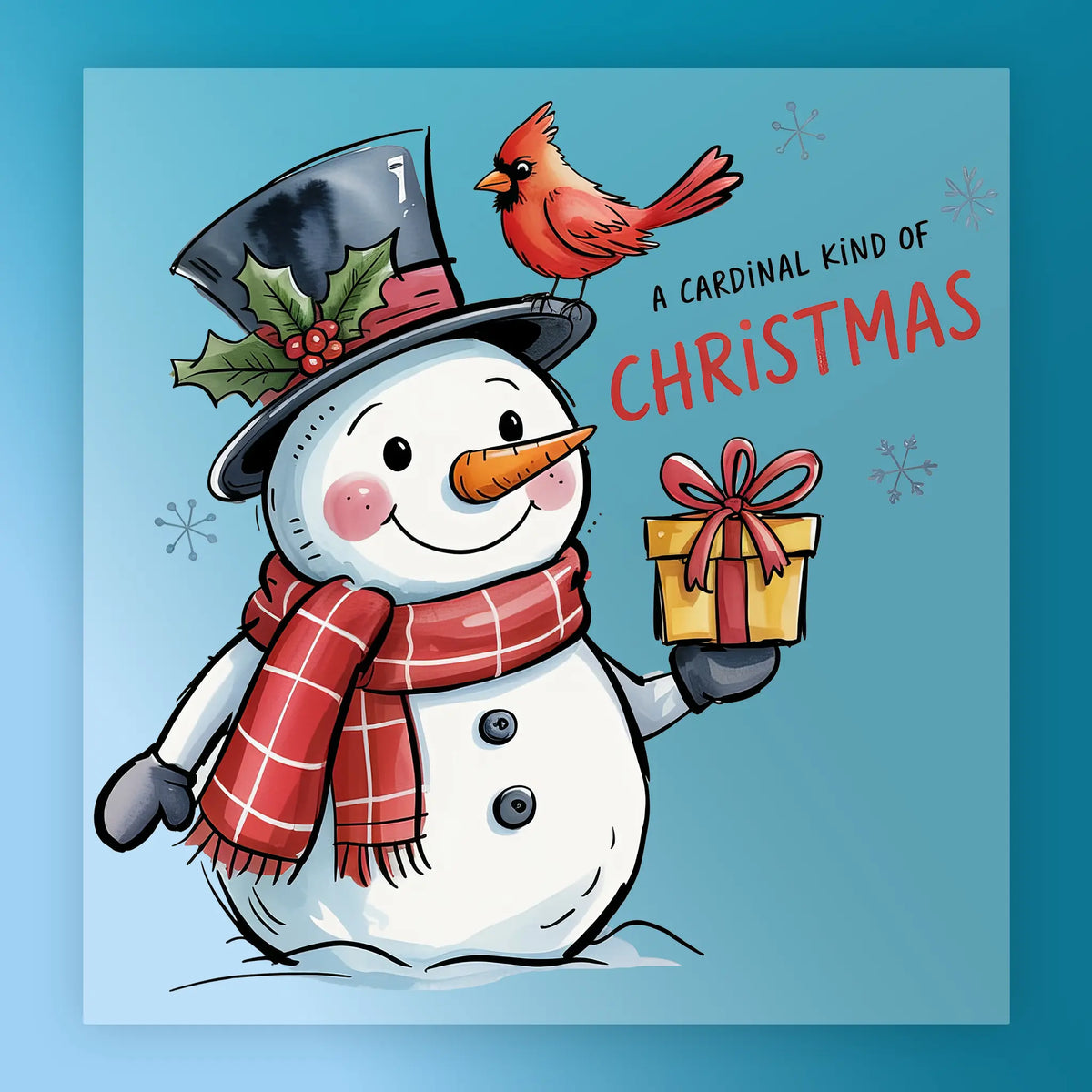 A Cardinal Kind of Christmas Design by InkMerge features a jolly snowman in a holly-topped hat, red scarf, and holding a gift, with a cardinal perched on his hat—ideal for heat press transfer on premium DTF film.