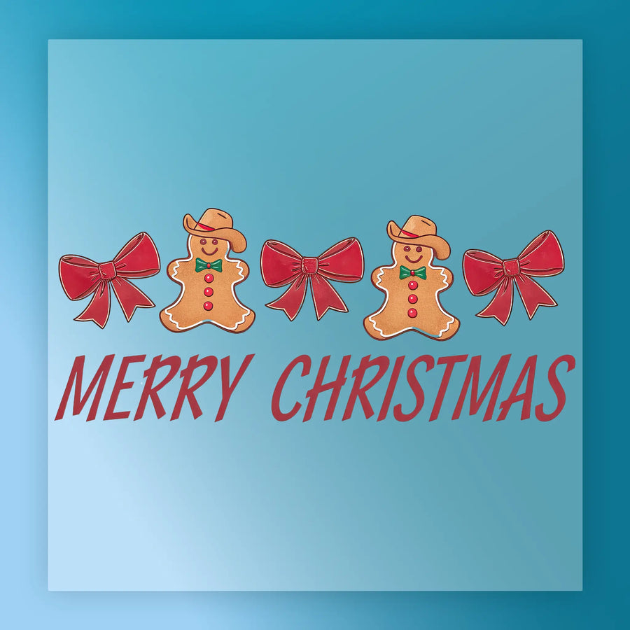 The InkMerge Western Gingerbread Cowboy Christmas DTF transfer features gingerbread men in cowboy hats and red bows above "MERRY CHRISTMAS" on blue—perfect for festive, western-themed holiday shirts.