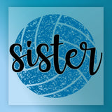 A blue volleyball with the word "sister" written on it in a stylized font.