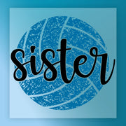 A blue volleyball with the word "sister" written on it in a stylized font.