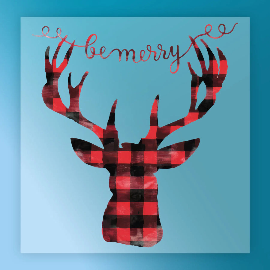 The Be Merry Buffalo Plaid Deer Design - Heat Press Ready by InkMerge showcases a red and black plaid deer head with antlers on light blue, featuring “be merry” in red cursive—ideal for festive projects or ugly sweater parties.