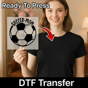 A smiling woman holding a sign with a soccer ball graphic on it, with a red arrow pointing to the sign.