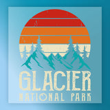 Mountain Adventure Retro Design by InkMerge features a vintage-style Glacier National Park scene with mountains, pines, and an orange-red sunset. "Glacier National Park" appears in bold, weathered letters—ideal for your next outdoor adventure.