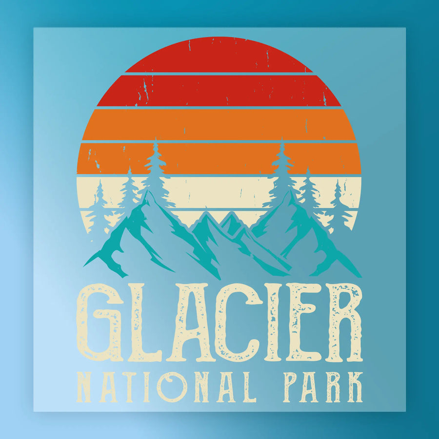 Mountain Adventure Retro Design by InkMerge features a vintage-style Glacier National Park scene with mountains, pines, and an orange-red sunset. "Glacier National Park" appears in bold, weathered letters—ideal for your next outdoor adventure.