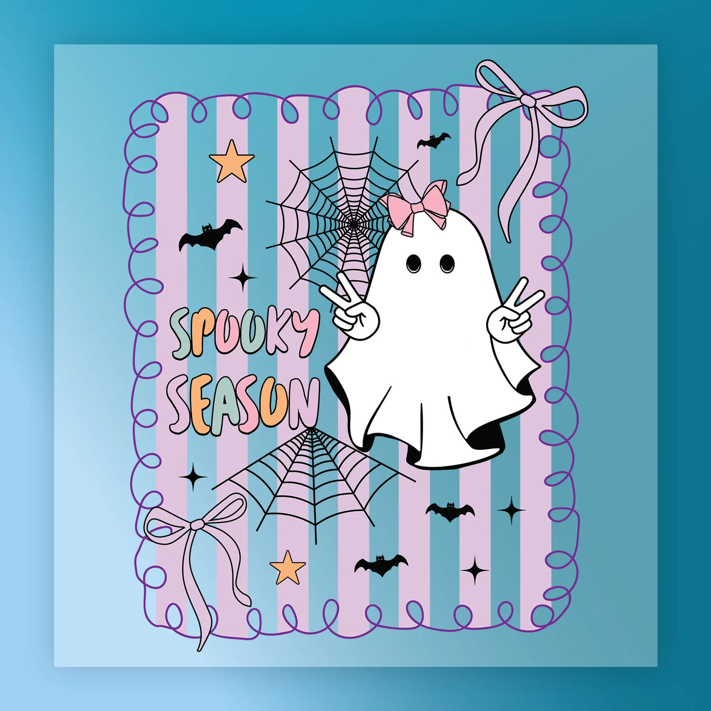 A spooky ghost character with a bow on its head, surrounded by Halloween-themed elements such as bats, stars, and a spider web. The text "SPOKEY SEASON" is displayed in the image.