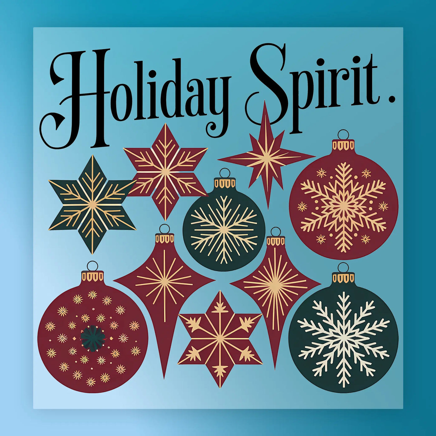 The InkMerge "Holiday Spirit Vintage Ornaments" design features festive text above red, green, and gold vintage ornaments with snowflake and starburst patterns on blue—ideal for custom apparel or DTF transfers.