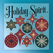 The InkMerge "Holiday Spirit Vintage Ornaments" design features festive text above red, green, and gold vintage ornaments with snowflake and starburst patterns on blue—ideal for custom apparel or DTF transfers.