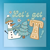 InkMerge’s Festive Snowman Christmas Tree Gingerbread design features “Let’s get lit!” with a snowman, gingerbread “T,” and festive accents on blue—ideal for DTF transfers.