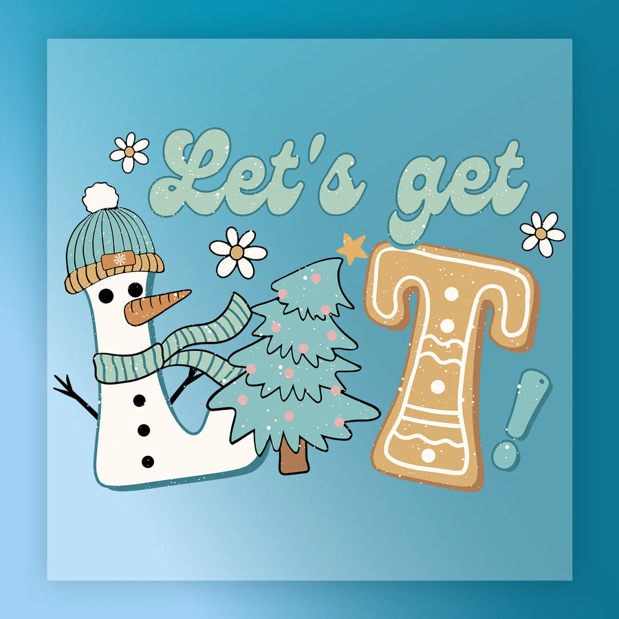 InkMerge’s Festive Snowman Christmas Tree Gingerbread design features “Let’s get lit!” with a snowman, gingerbread “T,” and festive accents on blue—ideal for DTF transfers.