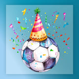 A watercolor painting of a soccer ball wearing a party hat, surrounded by confetti and a blue background.