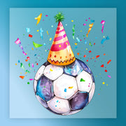 A watercolor painting of a soccer ball wearing a party hat, surrounded by confetti and a blue background.