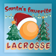 Celebrate the holidays with InkMerge’s “Santa's Favorite Lacrosse” DTF transfer: Santa hat atop a giant lacrosse ball, flanked by decorated trees and stick ornaments on a blue, festive background—perfect for heat pressing!.