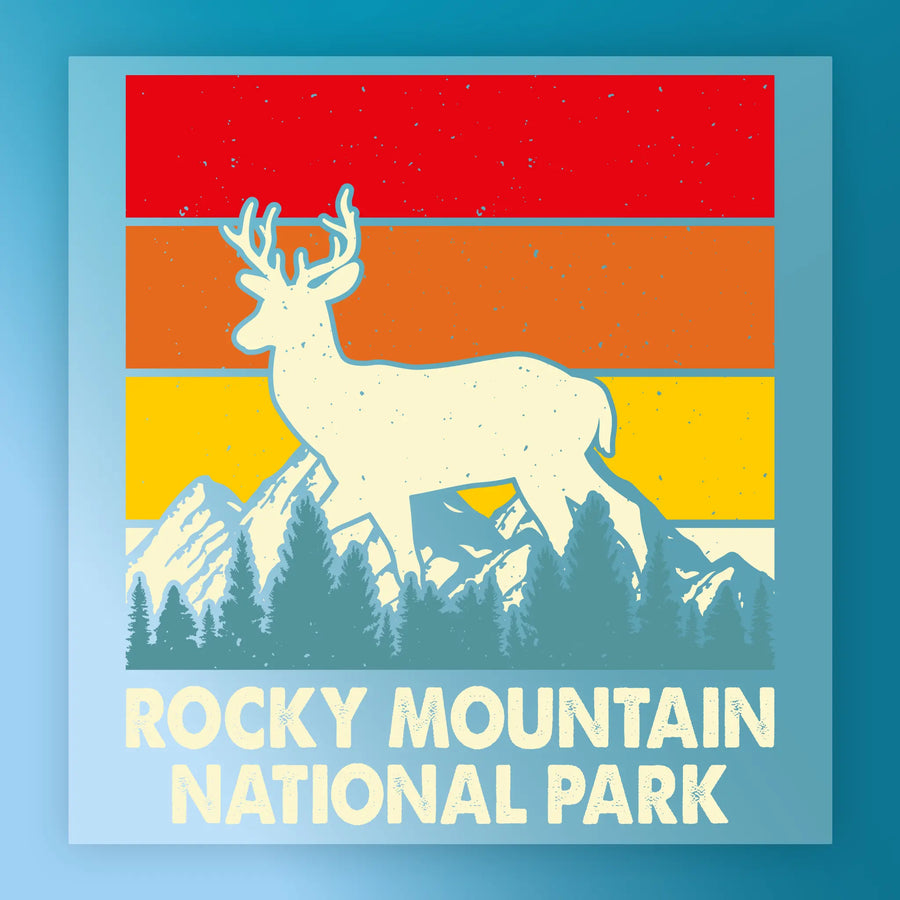 The InkMerge Retro Deer Silhouette with Forest features mountains, pine trees, and vintage red, orange, and yellow stripes—plus "Rocky Mountain National Park" text. Ideal for ready to press or DTF heat transfer projects.