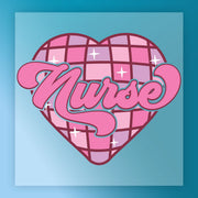 a heart-shaped design with the word "Nurse" written in a stylized pink font.