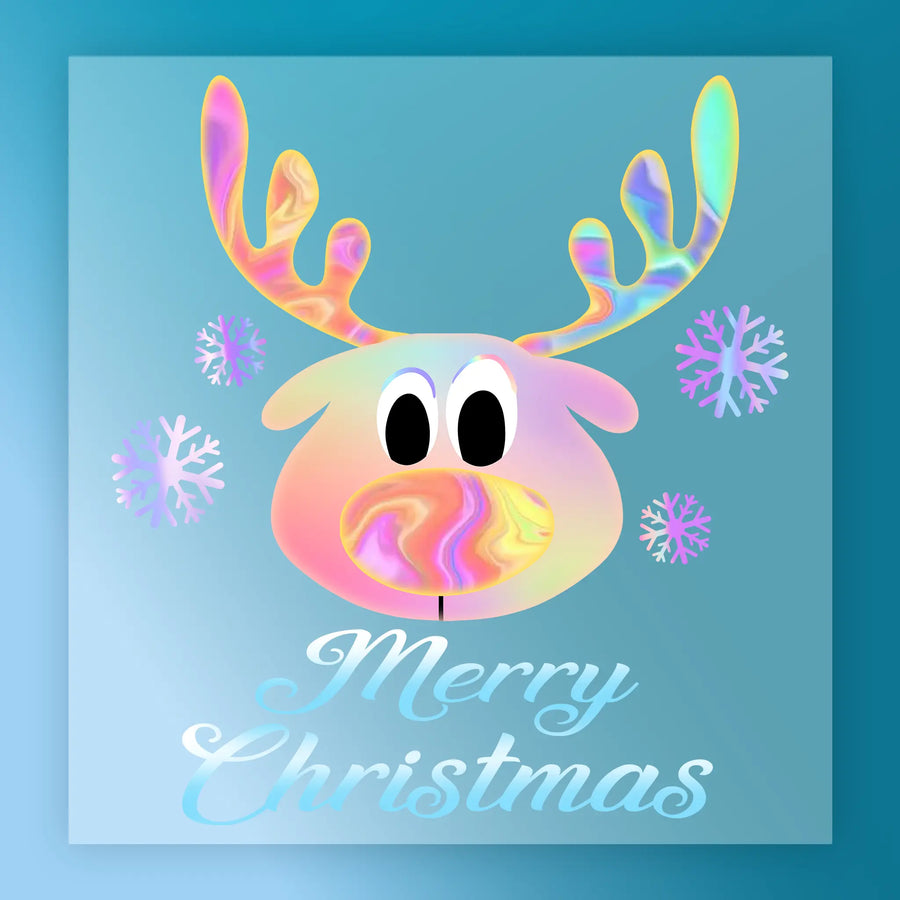 The Whimsical Reindeer Iridescent Design by InkMerge features a reindeer's head with colorful antlers and nose, pastel snowflakes on blue, and "Merry Christmas" in white script—ideal for heat press transfers.