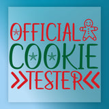 Text graphic of the Cookie Tester Christmas Design by InkMerge, with "Official Cookie Tester" in red and green, gingerbread man and snowflakes on blue—ideal for DTF transfers or your next ugly sweater party!.