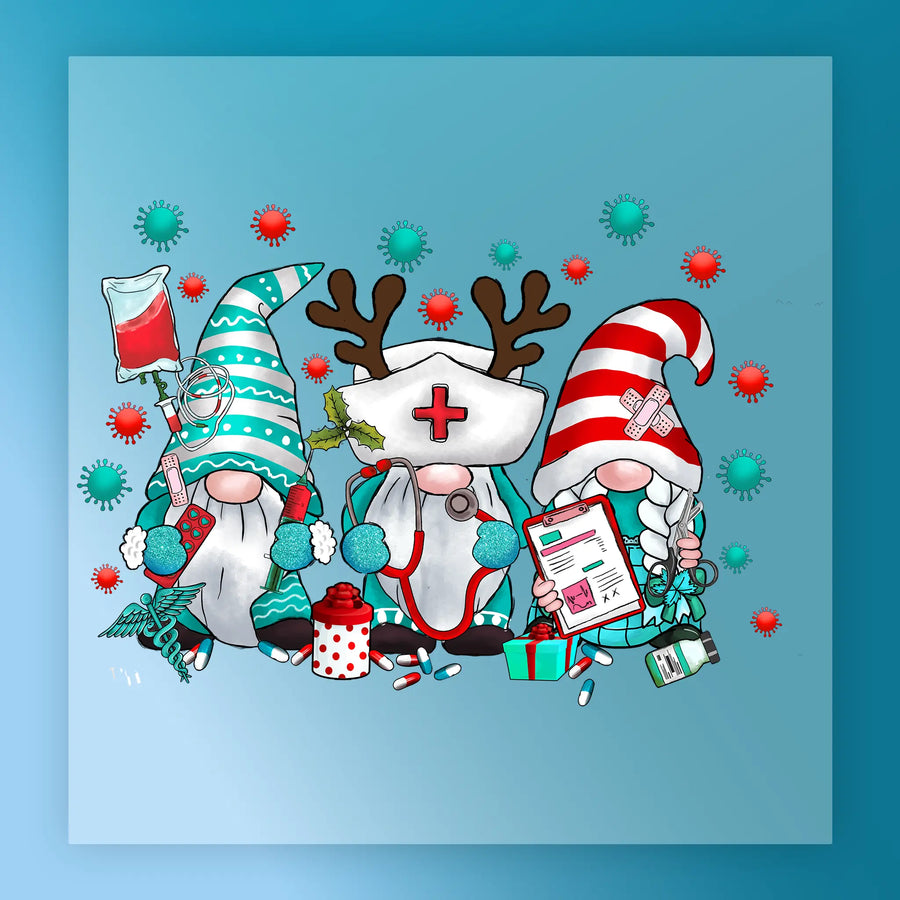 The InkMerge Medical Gnomes Christmas Design - Heat Press Ready features three festive gnomes as healthcare workers with IV bags, pills, vaccines, and a COVID-19 test on a blue virus-themed background—ideal for custom apparel or DTF transfer.