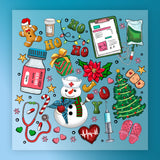 The InkMerge Christmas Nurse DTF Transfer - HO HO HO Apple Crisp Humor Ready to Press features a festive nurse snowman, stethoscope, syringe, pill bottle, gifts & more on a blue holiday background. Ideal for hot peel 8-pass application.