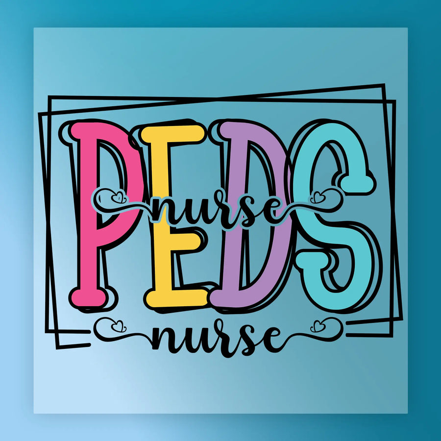 a colorful and playful design with the text "PEDS nurse" in a stylized font.