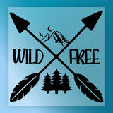 a stylized graphic design with a mountain landscape, a bird, and two crossed arrows. The text "WILD FREE" is prominently displayed in the center of the image.