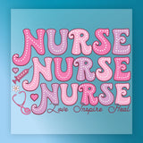 The image is a colorful and playful graphic design featuring the text "NURSE NURSE NURSE" in a stylized font, with various pink and purple accents. The design also includes a stethoscope, a syringe, and a heart, creating a whimsical and cheerful visual representation of the concept of nursing.
