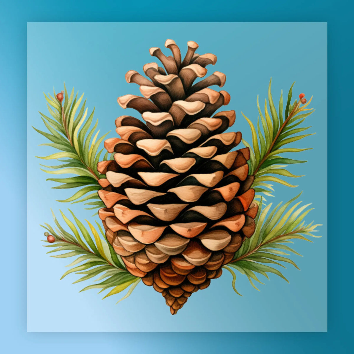 InkMerge’s Pine Cone Watercolor Design features a detailed brown pinecone with green pine needles and red berries on a light blue background—ideal for custom apparel, DTF transfer, or screen printing projects.