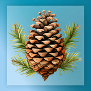 InkMerge’s Pine Cone Watercolor Design features a detailed brown pinecone with green pine needles and red berries on a light blue background—ideal for custom apparel, DTF transfer, or screen printing projects.