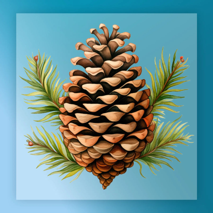 InkMerge’s Pine Cone Watercolor Design features a detailed brown pinecone with green pine needles and red berries on a light blue background—ideal for custom apparel, DTF transfer, or screen printing projects.