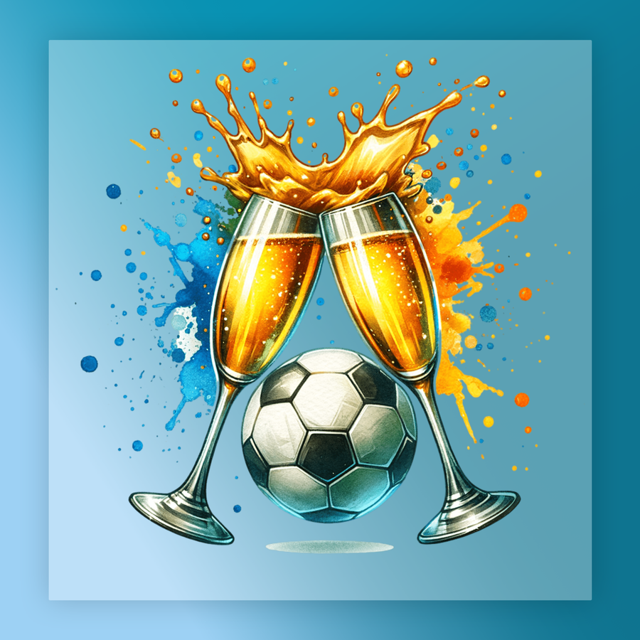 two champagne glasses filled with golden liquid, with a soccer ball and splashes of orange and yellow in the background.