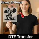 A woman holding a transparent sheet with a graphic of a man lifting weights, and there is a red arrow pointing to her chest.