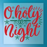 InkMerge’s O Holy Night Christmas Design features red script on a light blue background with green snowflakes—festive and perfect as a holiday staple or DTF transfer for your projects.