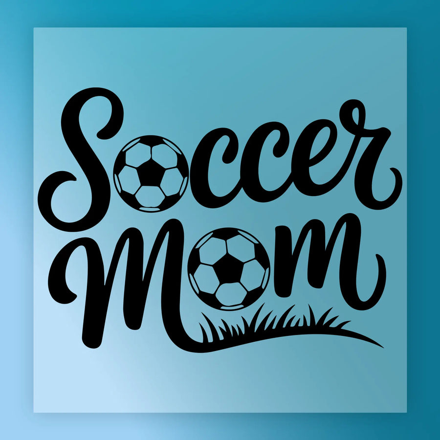 the text "Soccer Mom" with a soccer ball graphic below it, all set against a blue background.