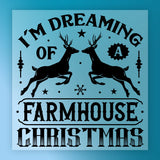 The InkMerge "I'm Dreaming Of A Farmhouse Christmas Custom Design - Heat Press Ready" features black silhouette reindeer and accents on blue—ideal for farmhouse holiday transfers or shirts using your DTF heat press.