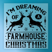 The InkMerge "I'm Dreaming Of A Farmhouse Christmas Custom Design - Heat Press Ready" features black silhouette reindeer and accents on blue—ideal for farmhouse holiday transfers or shirts using your DTF heat press.