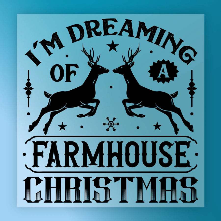 The InkMerge "I'm Dreaming Of A Farmhouse Christmas Custom Design - Heat Press Ready" features black silhouette reindeer and accents on blue—ideal for farmhouse holiday transfers or shirts using your DTF heat press.