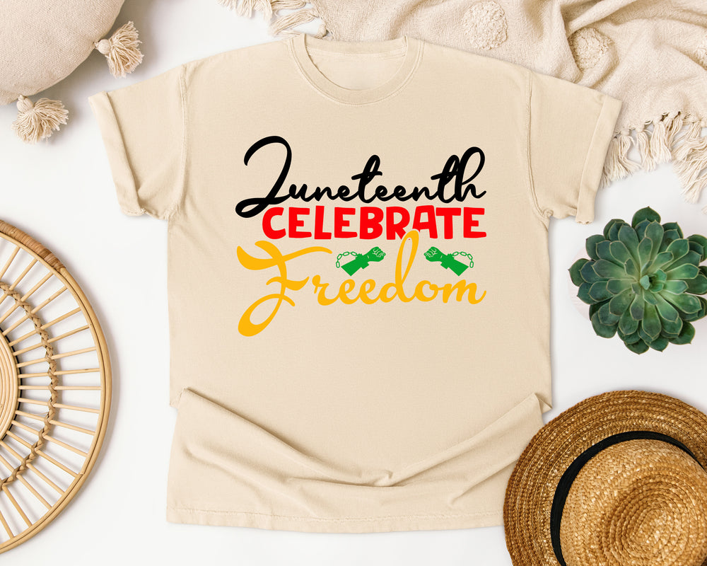 Juneteenth Celebrate Freedom Script graphic tee in Ivory Comfort Colors 1717