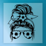 A stylized illustration of a woman's head with a soccer ball on her head, wearing sunglasses.